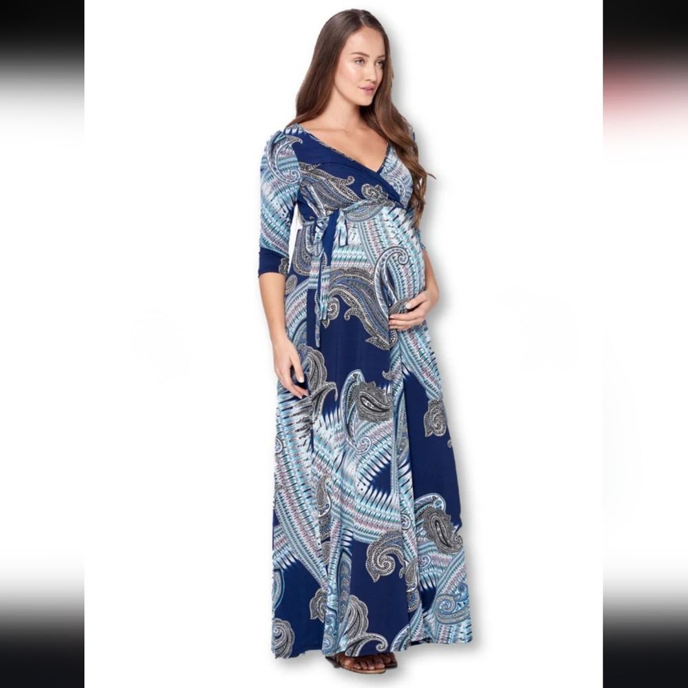Star Motherhood Blue 3/4 Sleeve Wrapped Ruched Maternity Maxi Dress Size Large